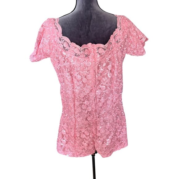 Pink Floral Lace Short Sleeve Top With Scalloped Square Neckline For Women - Picture 3 of 5